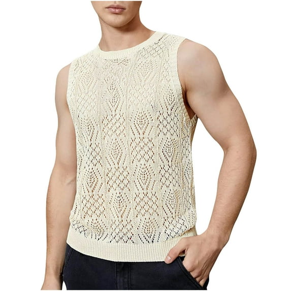 Lovskoo Tank Top for Men Round Neck Sleeveless Trendy Hollow Out Casual Solid Color Blouse Shirt Tank Top Vacation Beach Summer Tops Beige
