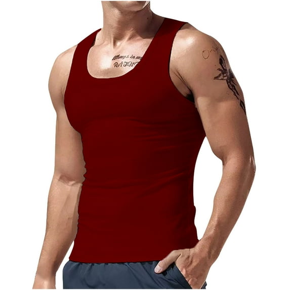 Lovskoo Tank Top for Men Scoop Neck Sleeveless Solid Color Summer Knitted Vertical Stripe Fitness Sports Tank Top Vacation Beach Summer Tops Red