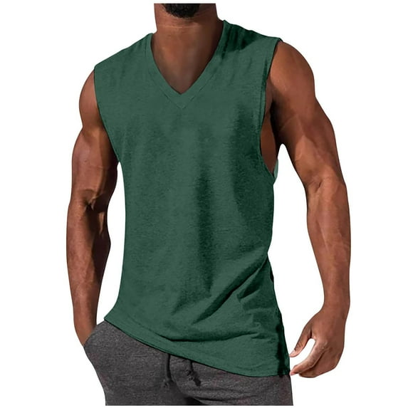 Lovskoo Tank Top for Men V Neck Sleeveless Casual Trendy Solid Color Pullover Sports Tank Tops Blouse Vacation Beach Summer Tops Olive Green