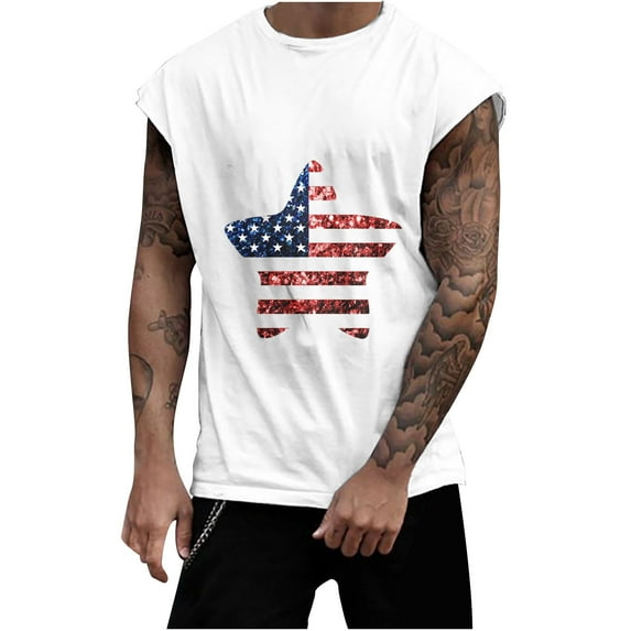 Lovskoo Tank Tops Men Muscle Shirts American Flag Sleeveless Tshirts Independence Day Casual July Fourth Printing Pullover Round Neck Sports Tank Tops Vest White