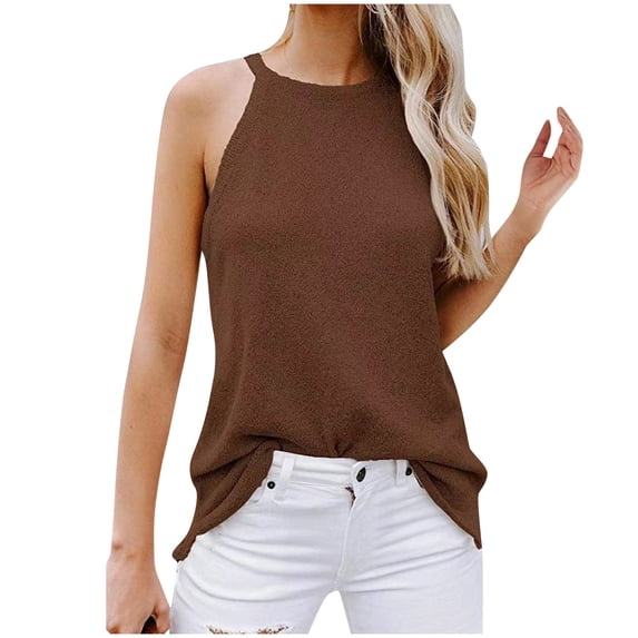 Lovskoo Tank Tops for Women Casual Solid Color Tank Tops High Neck Sleeveless Halter Tops for Women Coffee
