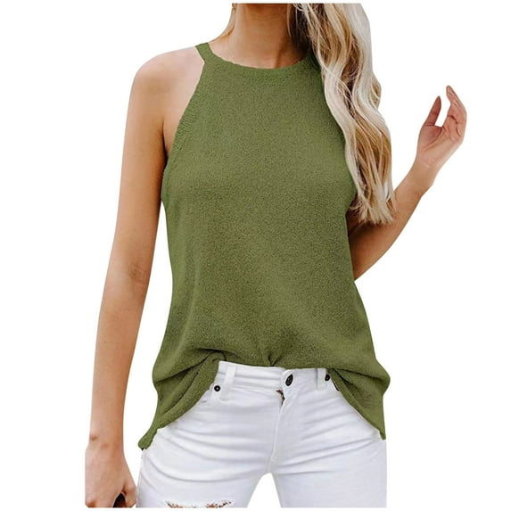Lovskoo Tank Tops for Women Casual Solid Color Tank Tops High Neck Sleeveless Halter Tops for Women Green