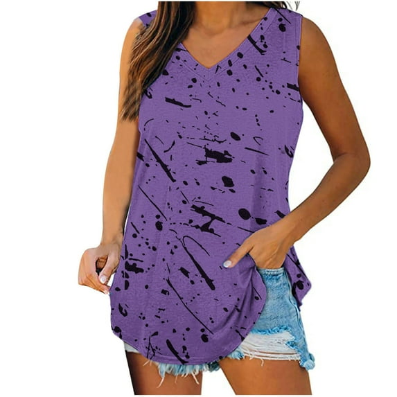 Lovskoo Tank Tops for Women Print Tops V-Neck Basic Undershirt Casual Flowy Summer Sleeveless T-Shirt Purple XL