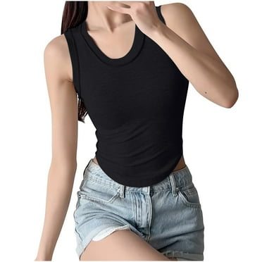 Lovskoo Tank Tops for Women Round Neck Summer Sleeveless Solid Color Spaghetti Strap Slim Bottom Undershirt Tanks Black M