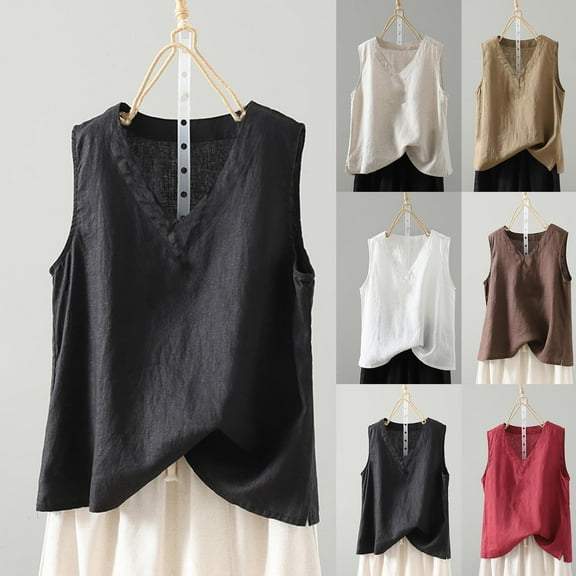 Lovskoo Tank Tops for Women Sleeveless Cotton And Linen Shirts Solid Color Hem Slit V Neck Tank Top Beige