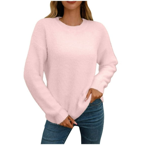 Lovskoo Thermal Sweater for Women Winter Solid Color Pullover Plush Warm Round Neck Sweater Pink
