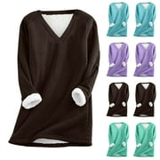 Lovskoo Thermal Underwear Long Johns for Women Plus Size Solid Color V Neck Fleece Lined Cold Weather Base Layer Tops Light Blue