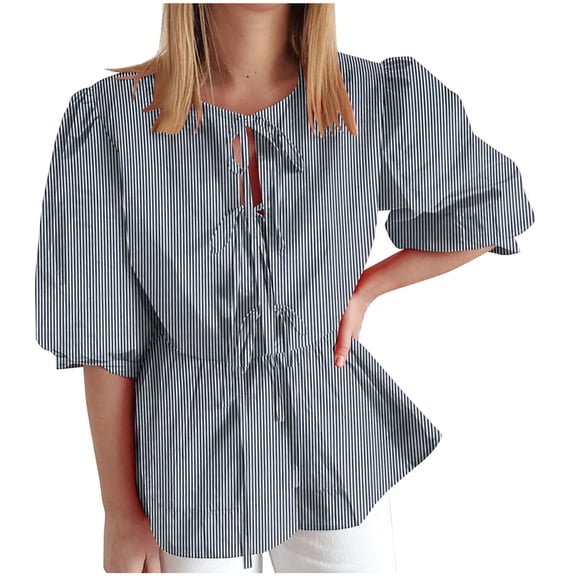 Lovskoo Tie Front Tops for Women Peplum Tops Striped Babydoll Bow Top Puff Sleeve Tops Short Sleeve Cute Spring Tops Blue