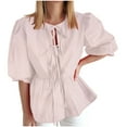 thumbnail image 1 of Lovskoo Tie Front Tops for Women Peplum Tops Striped Babydoll Bow Top Puff Sleeve Tops Short Sleeve Cute Spring Tops Pink, 1 of 7