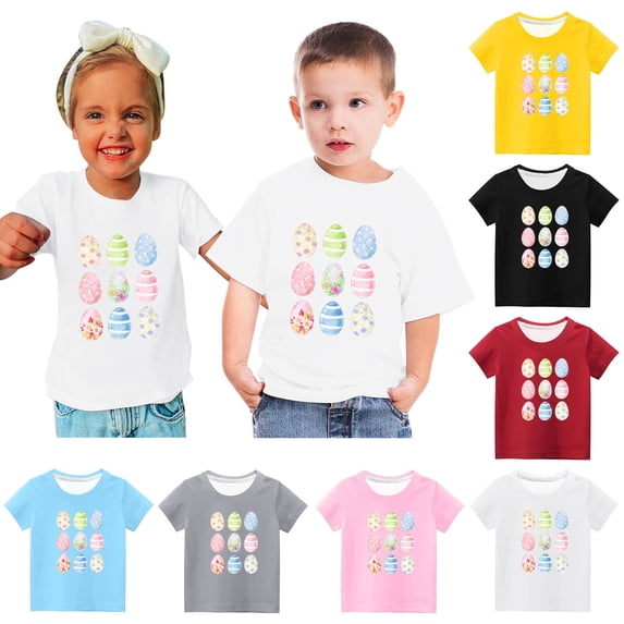 Zwiiyzr Toddler Baby Boys Girls Summer Clothes Trendy Easter Cute Flower Easter Eggs Print Round Neck Print Short Sleeve Top for 3-14 Years Yellow