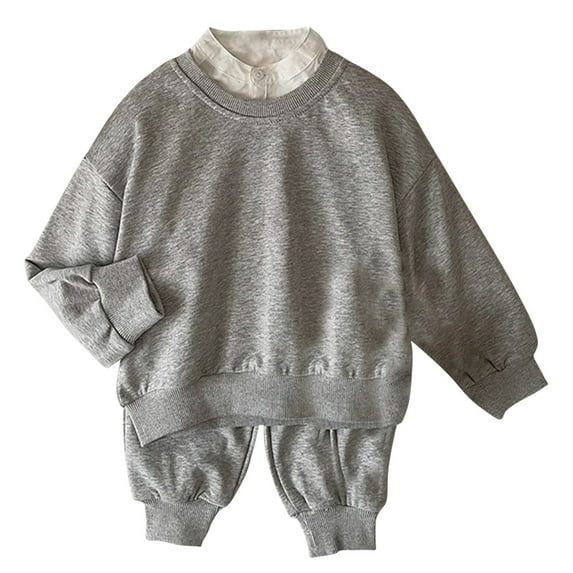 Lovskoo Toddler Baby Girl Clothes Winter Solid Color Long Sleeve Pullover Sweatshirt Pants 2Pcs Fall Outfits Set Gray