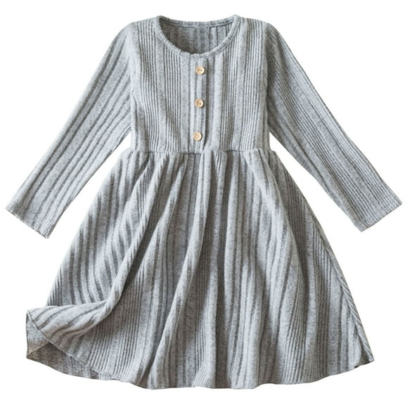 Zwiiyzr Toddler Baby Girl Dress Long Sleeve Knit Sweater Fall Winter Dress with Ribbed Ruffle Casual Solid Toddler Dress 2-8Y Gray