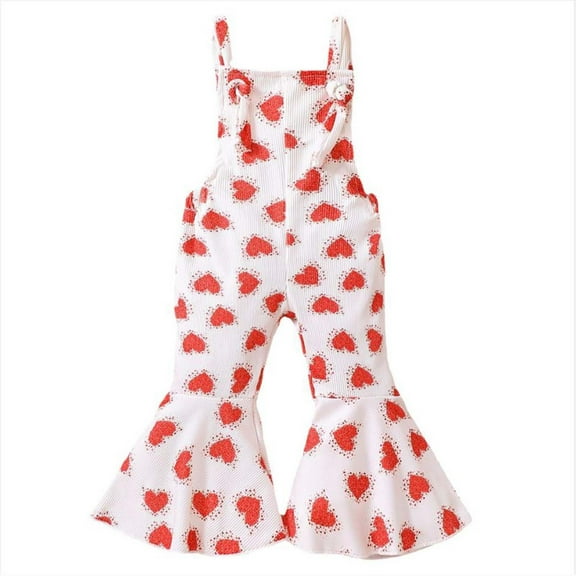 Zwiiyzr Toddler Baby Girl Summer One Piece Valentine Day Outfits Heart Print Sleeveless Overalls Jumpsuit Bell-Bottom Pants Little Kids Clothes for 6M-4T White
