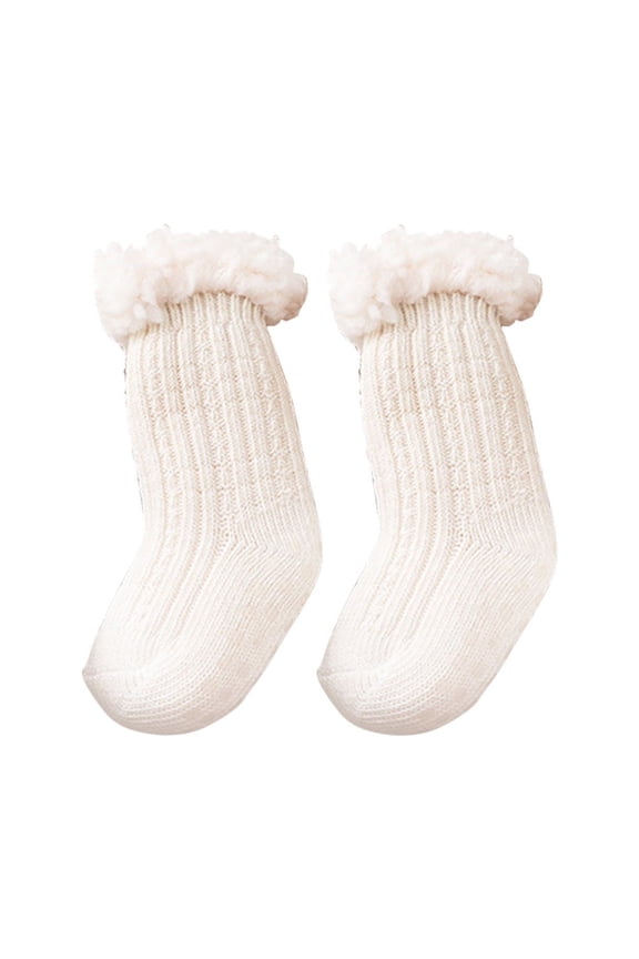 Toddler Baby Slipper Socks 0-3 Years Super Thick Wool Lamb Velvet Over The Calf Children Floor Socks Solid Fleece Non-Slip Baby Socks Beige