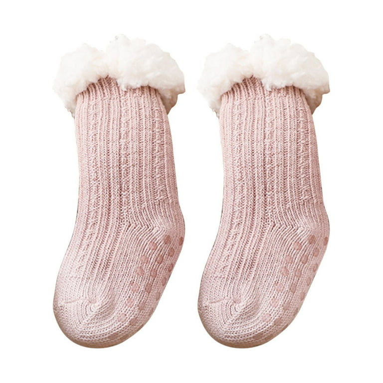 Lovskoo Toddler Baby Slipper Socks 0-3 Years Super Thick Wool Lamb Velvet  Over The Calf Children Floor Socks Solid Fleece Non-Slip Baby Socks Pink 