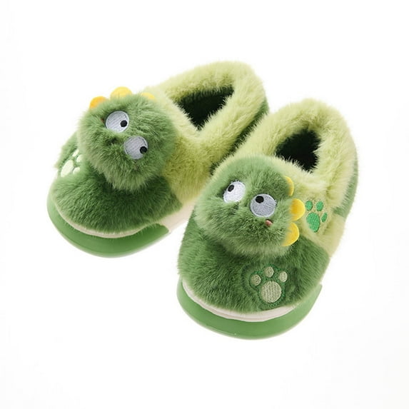 Lovskoo Toddler Boys Girls Slippers Fluffy Little Kids Non Slip House Slippers Warm Fuzzy Cute Animal Home Slipper Green 3-4Years