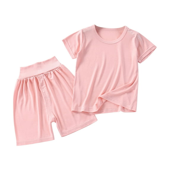 Lovskoo Toddler Girls Boys Short Sleeve Pajamas Set Little Kids Sleepwear Solid Color T-shirt High Waisted 2 Piece Summer Shorts Set 5-6 Years Pink