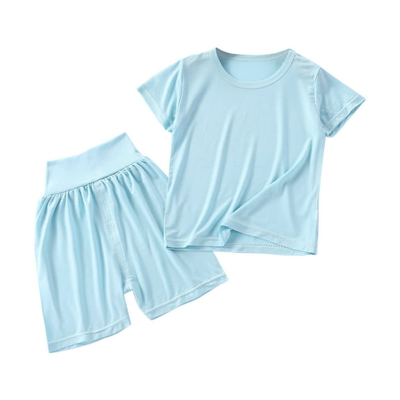 Lovskoo Toddler Girls Boys Short Sleeve Pajamas Set Little Kids Sleepwear Solid Color T-shirt High Waisted 2 Piece Summer Shorts Set 6-12 Months Light Blue