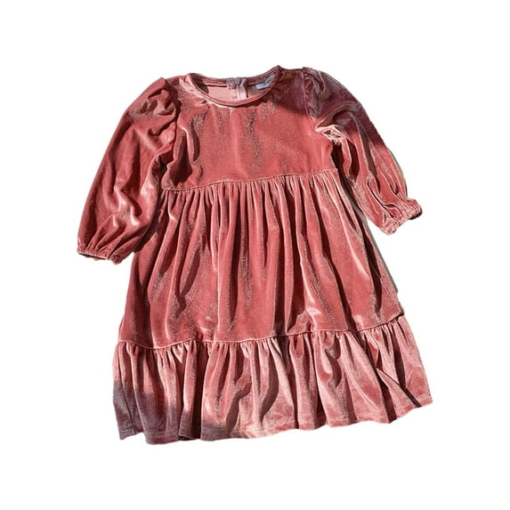 Zwiiyzr Toddler Girls Fall Velvet Tiered Dress Ruffled Long Sleeve A-Line Vintage Party Crew Neck Elegant Tween Twirly Dresses For 2-11 Years Pink