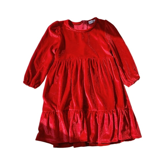 Zwiiyzr Toddler Girls Fall Velvet Tiered Dress Ruffled Long Sleeve A-Line Vintage Party Crew Neck Elegant Tween Twirly Dresses For 2-11 Years Red