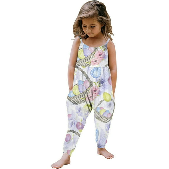 Zwiiyzr Toddler Girls Kids Easter Easter Eggs Printing Jumpsuit Playsuit Strap Romper Summer Outfits Baby Clothes for 1-6 Years Multicolor