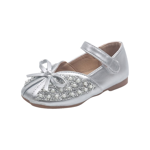 Lovskoo Toddler Girls Shoes 18 Months-11.5 Years Dress Shoes Baby Cute Trendy Pearl Bow Sequins Non-Slip Small Leather Princess Shoes Silver