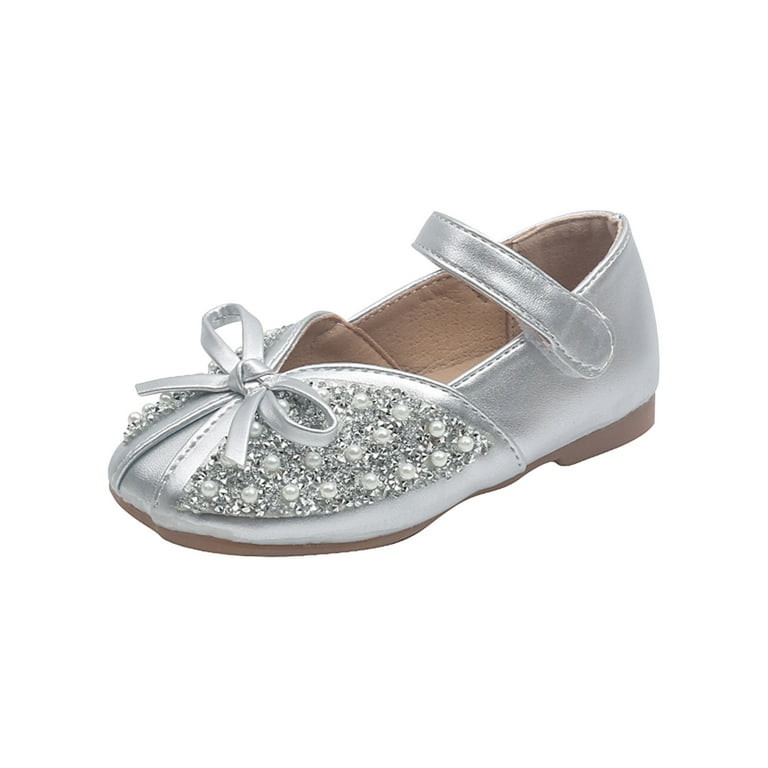 Lovskoo Toddler Girls Shoes 18 Months-11.5 Years Dress Shoes Baby Cute  Trendy Pearl Bow Sequins Non-Slip Small Leather Princess Shoes Silver 