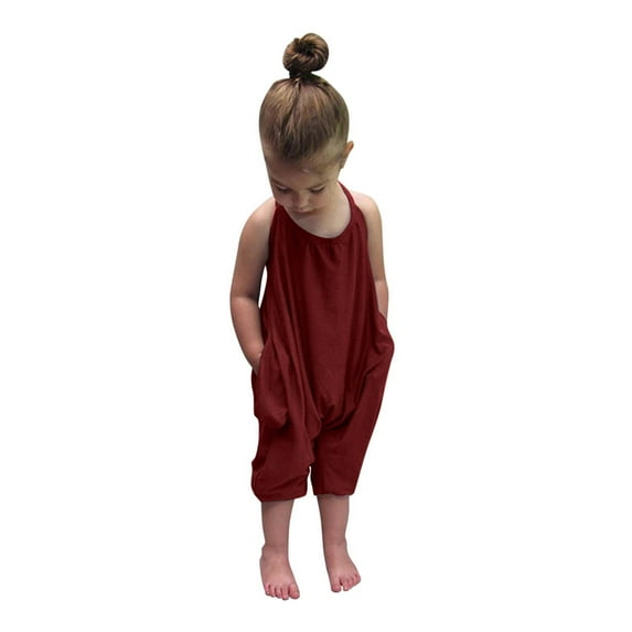Lovskoo Toddler Girls Summer Jumpsuits Solid Color Strap Romper Pants with Pockets Baby Clothes Red