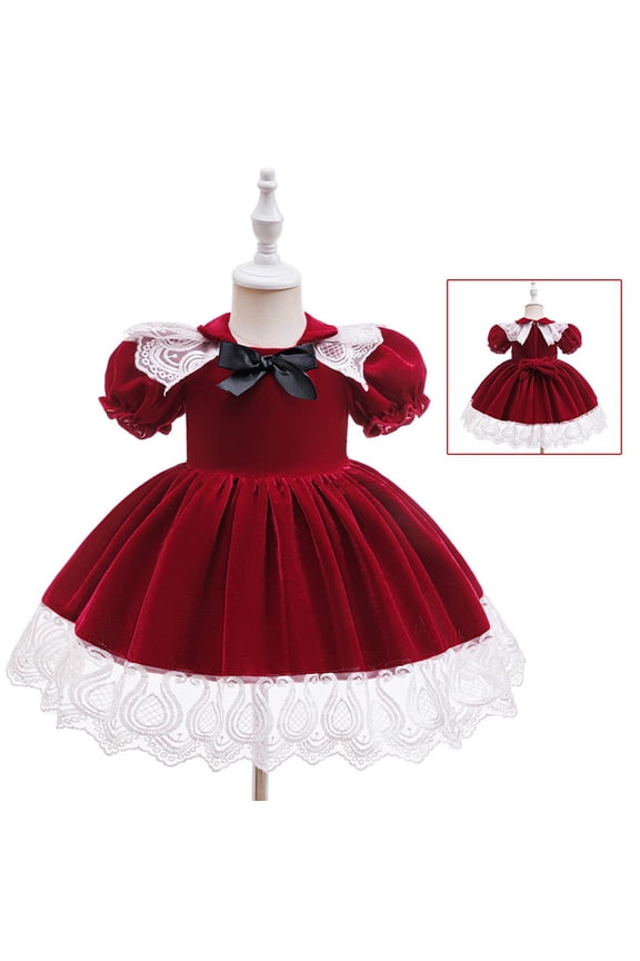 Toddler Infant Baby Girls Birthday Princess Dress Holiday Christmas Cute Velvet Spliced Tulle Ruffled Dress Square Neck Solid Color Long Sleeves Dress For 1-4 Years Red