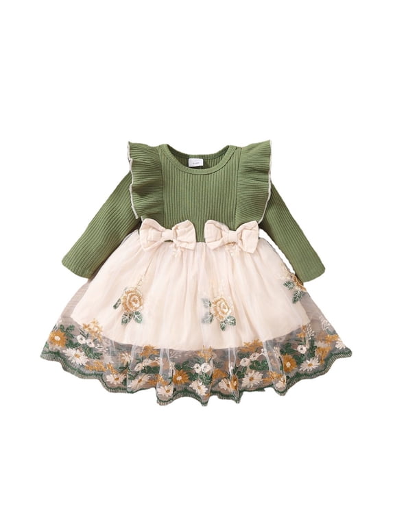Toddler Infant Baby Girls Birthday Princess Dress Ruffles Long Sleeve Patchwork Embroidery Flowers Mesh Bow Tulle Dress For Age 12 Months - 5 Years Old Green