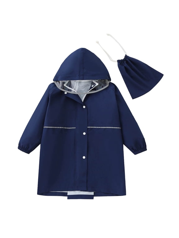 Toddler Kids Baby Boys Girls Solid Color Rainwear Children Raincoat Waterpoof Rain Hooded Jacket Coat Size 3-15 Years Navy