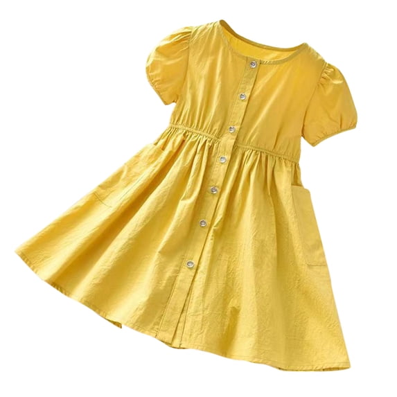 Zwiiyzr Toddler Summer Dress Little Girls Short Sleeve Solid Color A-Line Button Down Sundress Casual Midi Dresses for 2-7 Years Kids Yellow