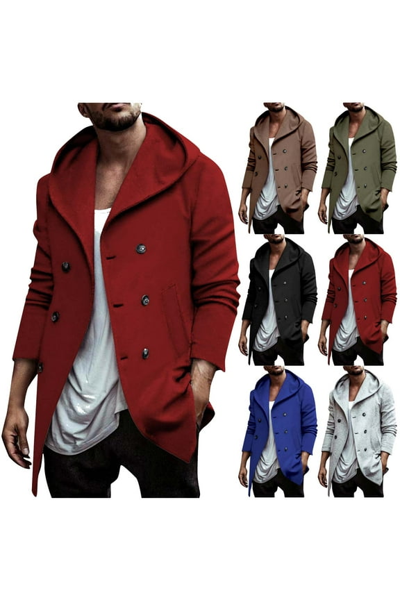 Trench Coat for Men 2024 Double Breasted Hooded Casual Long Sleeve Outdoor Trench Coats Tops Blue