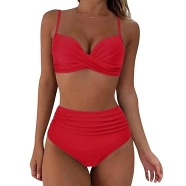 Lovskoo Two Piece Swim Suits for Women 2024 Sleeveless Twist Front High Waisted Bikini Set Tummy Control Full Coverage Ruched Bathing Suits Red L