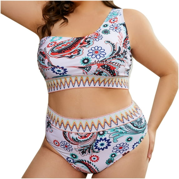Lovskoo Two Piece Swimsuit for Women Sleeveless Plus Size One Shoulder Ethnic Floarl Printed Swim Suits for Women 2024 White 3XL