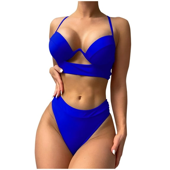 Lovskoo Two Piece Swimsuit for Women Sleeveless Solid Color Hollow Out Swim Suits for Women 2024 Blue S