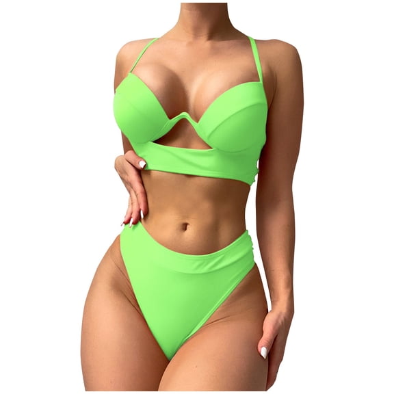 Lovskoo Two Piece Swimsuit for Women Sleeveless Solid Color Hollow Out Swim Suits for Women 2024 Green L