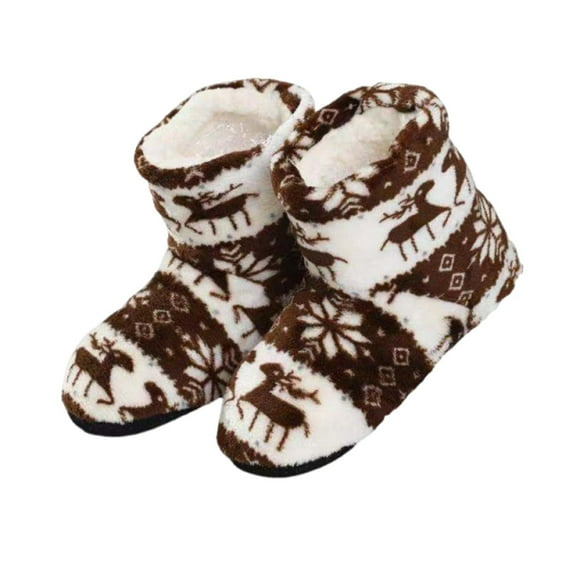 Lovskoo Unisex Adult Fluffy Christmas Deer Slipper Plush Boots Ladies Indoor Outdoor Non-Slip Ankle Bootie Thermal Warm Shoes for Men Women Coffee