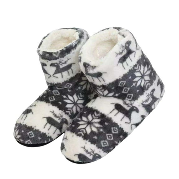 Lovskoo Unisex Adult Fluffy Christmas Deer Slipper Plush Boots Ladies Indoor Outdoor Non-Slip Ankle Bootie Thermal Warm Shoes for Men Women Gray