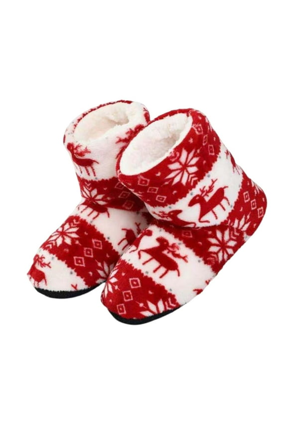 Unisex Adult Fluffy Christmas Deer Slipper Plush Boots Ladies Indoor Outdoor Non-Slip Ankle Bootie Thermal Warm Shoes for Men Women Red