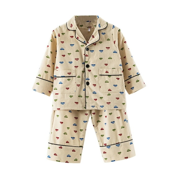 Zwiiyzr Unisex Girls Boys Fall Spring Long Sleeve Sleepwear Button-Down Top And Pants 2 Piece Pajama Set For 1-10 Years Khaki