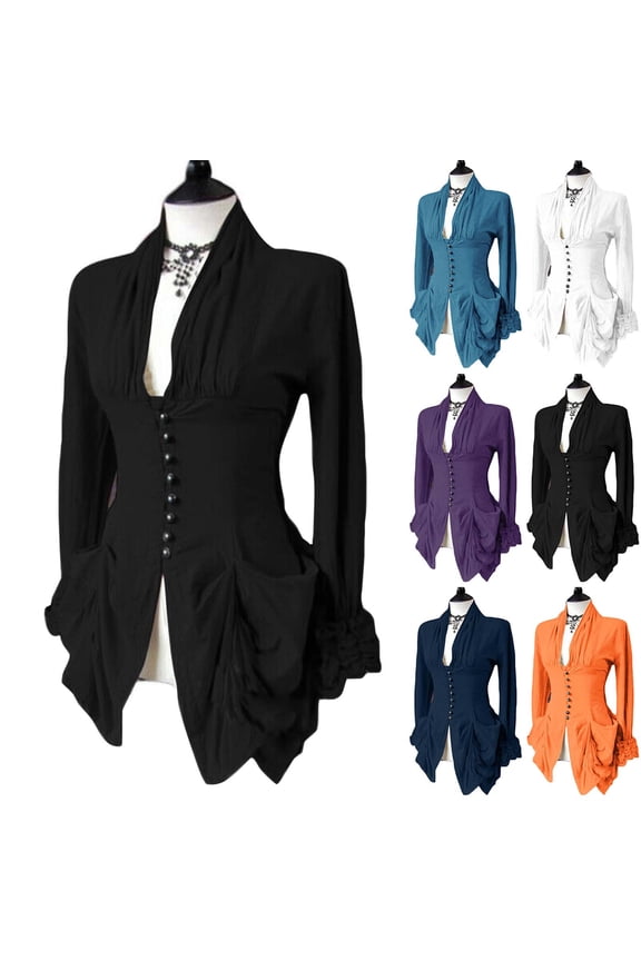 V Neck Tops for Women 2023 Gothic Long Sleeve Button Up Peplum Tunic Blouse Vintage Irregular Tailcoat Outwear Retro Top Black