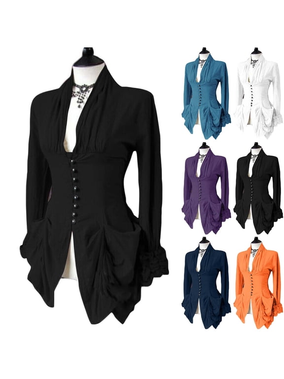 V Neck Tops for Women 2023 Gothic Long Sleeve Button Up Peplum Tunic Blouse Vintage Irregular Tailcoat Outwear Retro Top Orange