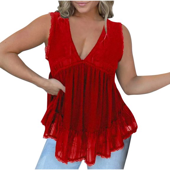 Lovskoo Velvet Summer Tops for Women 2024 Tank Tops V Neck Sleeveless Solid Color Trendy Comfortable Breathable Blouses Tops Red
