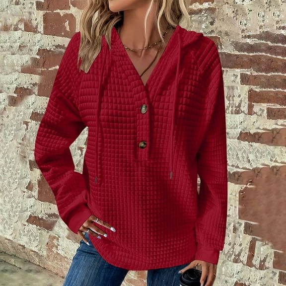 Lovskoo Waffle Hoodies for Women Dressy V Neck Button Down Blouse Fall Winter Long Sleeve Pullover Solid Color T-shirt Burgundy