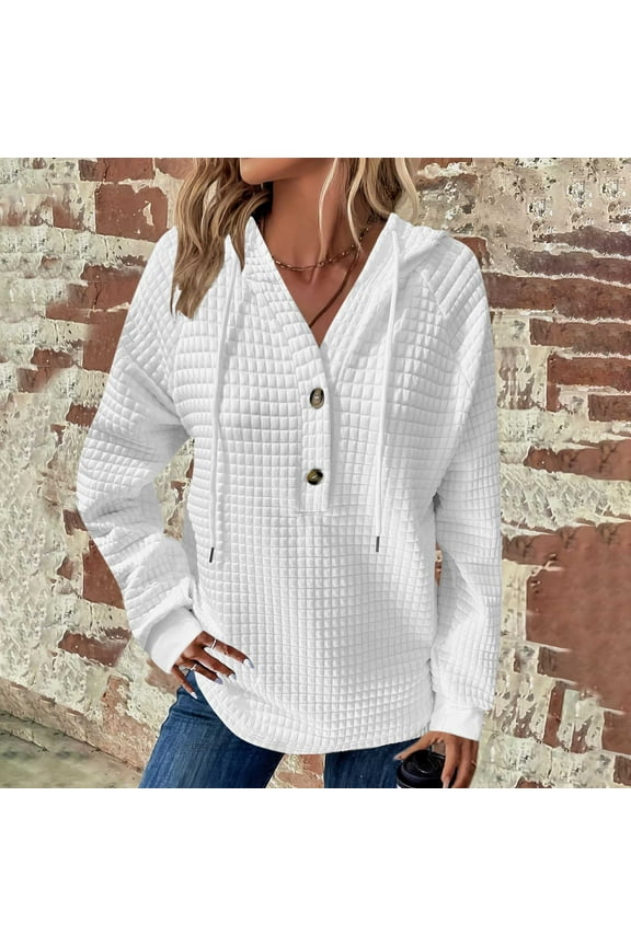Waffle Hoodies for Women Dressy V Neck Button Down Blouse Fall Winter Long Sleeve Pullover Solid Color T-shirt White