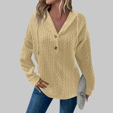 Lovskoo Waffle Knit Hoodies for Women Dressy Solid Color V Neck Button Down Blouse Fall Winter Long Sleeve Pullover T-shirt Beige