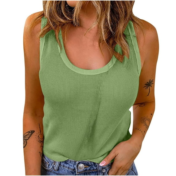 Lovskoo Waffle Knit Tank Top for Women Summer 2024 Trendy Solid Color Loose Crew Neck Sleeveless Tops Green XL