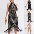 thumbnail image 1 of Lovskoo Wedding Guest Dresses for Women Evening Gown 1920 Vintage Sequin Dress Studded Tassel Halter Neck Banquet Midi Dress Sleeveless Lapel Cocktail Dresses 2023 Beige, 1 of 5