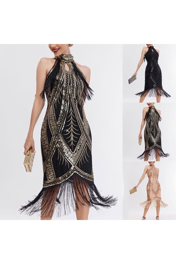 Wedding Guest Dresses for Women Evening Gown 1920 Vintage Sequin Dress Studded Tassel Halter Neck Banquet Midi Dress Sleeveless Lapel Cocktail Dresses 2023 Beige